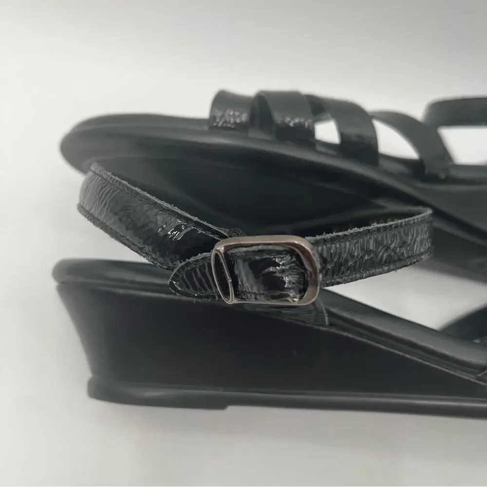 SAS Sandals 9.5 SLIM Strippy Quarter Strap Wedge Black Patent Leather 9.5 SLIM